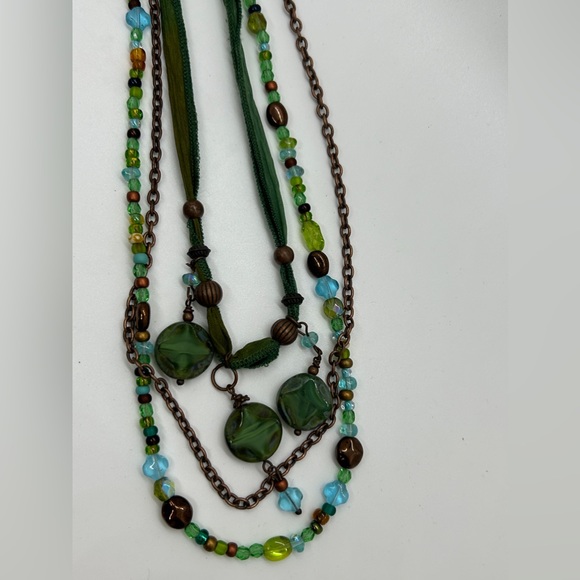 Bohemian Silk, Brass and Beaded Green toned necklace with lobster claw closure - Picture 8 of 8